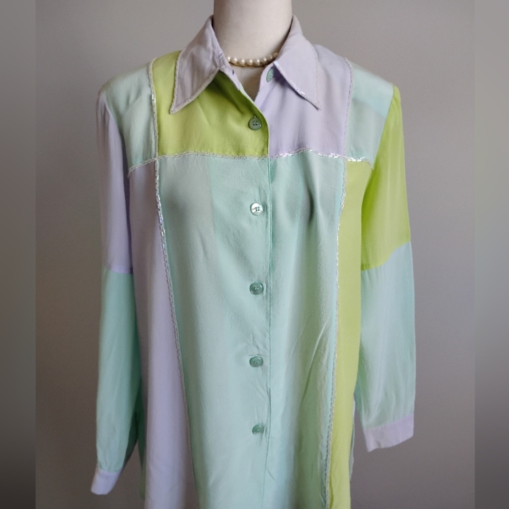 Diane Gilman Silk Beaded Button Up Blouse Pastel Chartreuse Lilac Size Medium - Picture 5 of 14